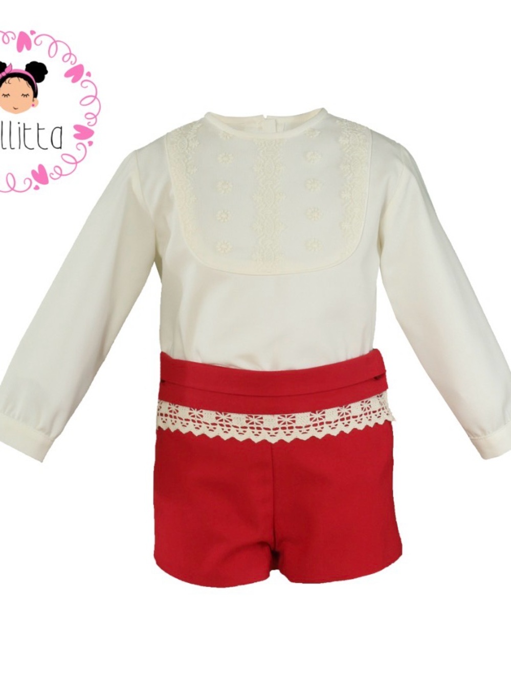 Classic Ivory Top and Red Lace-Trim Shorts Kids Matching Set